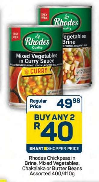 Rhodes Chickpeas in Brine, Mixed Vegetables, Chakalaka or Butter Beans Assorted 400/410g