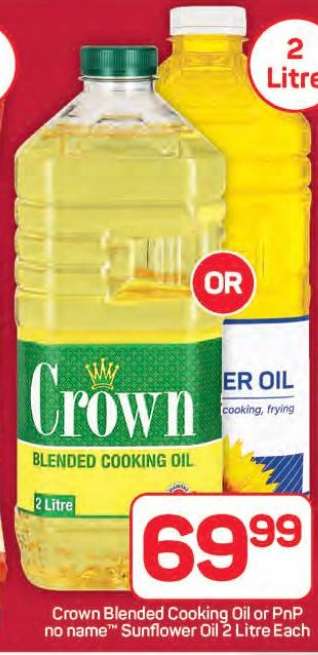 Crown Blended Cooking Oil or PnP no name™ Sunflower Oil 2 Litre Each
