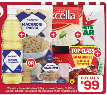 White Star Super Maize Meal 2.5kg, no name™ Cooking Oil 750ml, Excella Parboiled Rice 2kg and Top Class Soya Mince Assorted 200g