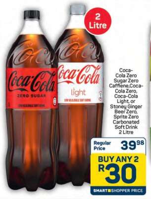 Coca-Cola Zero Sugar Zero Caffeine, Coca-Cola Zero, Coca-Cola Light, or Stoney Ginger Beer Zero, Sprite Zero Carbonated Soft Drink 2 Litre