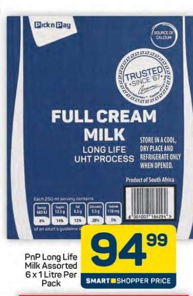 PnP Long Life Milk Assorted 6 x 1 Litre Per Pack