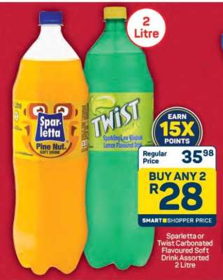 Sparletta or Twist Carbonated Flavoured Soft Drink Assorted 2 Litre