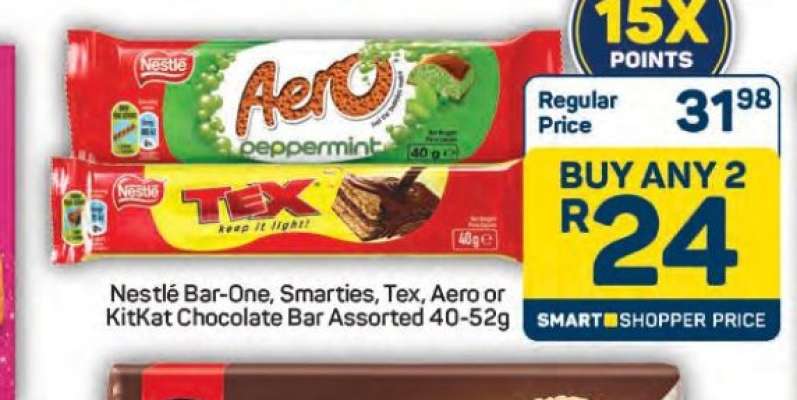 Nestlé Bar-One, Smarties, Tex, Aero or KitKat Chocolate Bar Assorted 40-52g