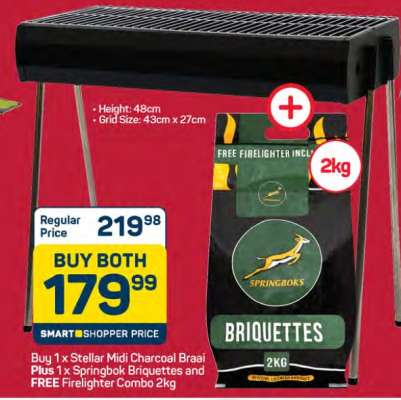 Buy 1 x Stellar Midi Charcoal Braai Plus 1 x Springbok Briquettes and FREE Firelighter Combo 2kg