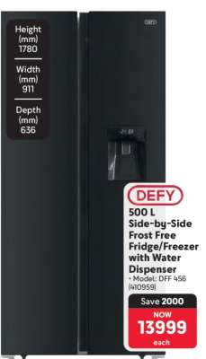DEFY 500 L Side-by-Side Frost Free Fridge/Freezer with Water Dispenser