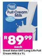 Great Value UHT Long Life Full Cream Milk 6 x 1 L