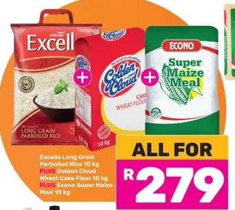 Excella Long Grain Parboiled Rice 10 kg, Golden Cloud Wheat Cake Flour 10 kg, Econo Super Maize Meal 10 kg