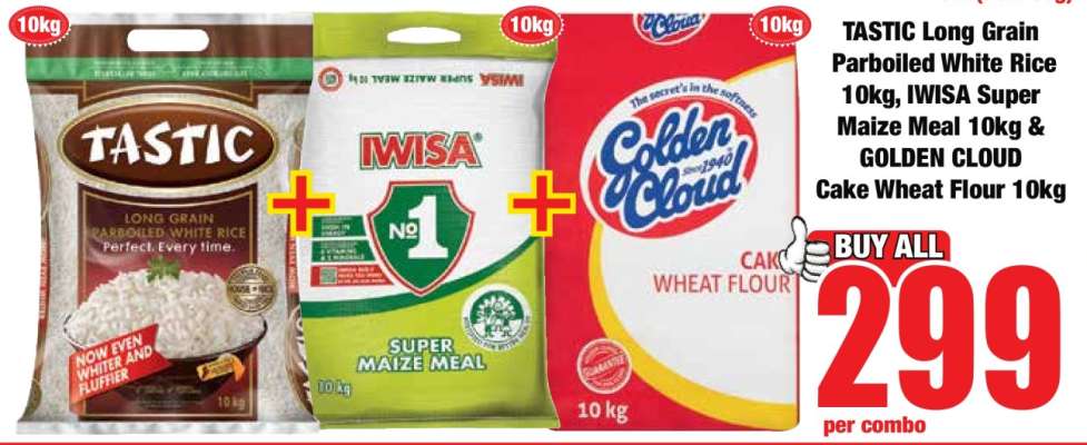 TASTIC Long Grain Parboiled White Rice 10kg, IWISA Super Maize Meal 10kg & GOLDEN CLOUD Cake Wheat Flour 10kg