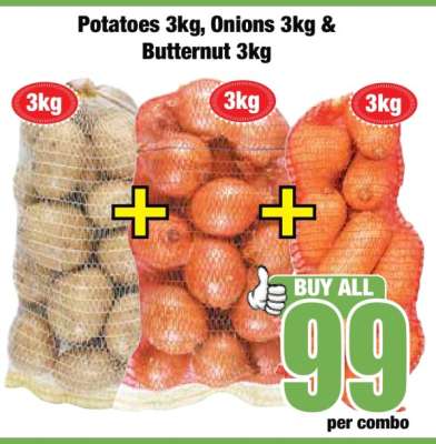 Potatoes 3kg, Onions 3kg & Butternut 3kg