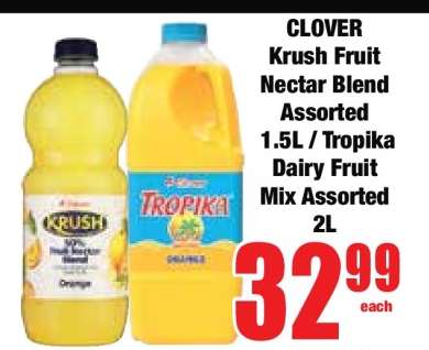 CLOVER Krush Fruit Nectar Blend Assorted 1.5L / Tropika Dairy Fruit Mix Assorted 2L