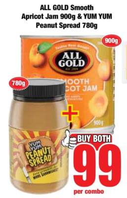 ALL GOLD Smooth Apricot Jam 900g & YUM YUM Peanut Spread 780g