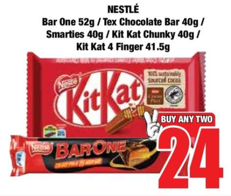 NESTLÈ Bar One 52g / Tex Chocolate Bar 40g / Smarties 40g / Kit Kat Chunky 40g / Kit Kat 4 Finger 41.5g
