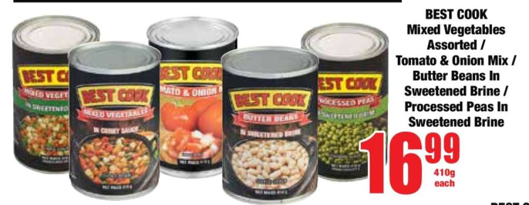 BEST COOK Mixed Vegetables Assorted / Tomato & Onion Mix / Butter Beans In Sweetened Brine / Processed Peas in Sweetened Brine