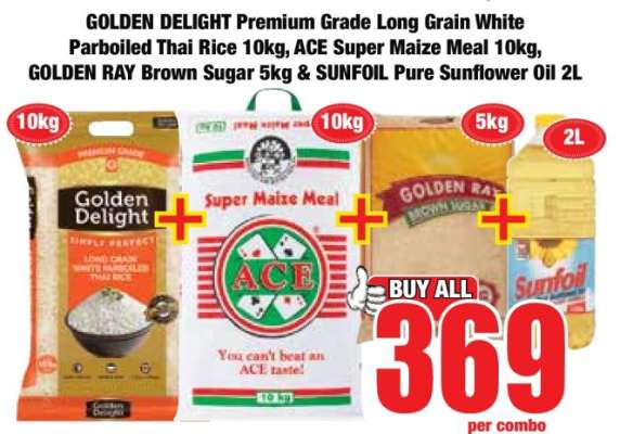 GOLDEN DELIGHT Premium Grade Long Grain White Parboiled Thai Rice 10kg, ACE Super Maize Meal 10kg, GOLDEN RAY Brown Sugar 5kg & SUNFOIL Pure Sunflower Oil 2L