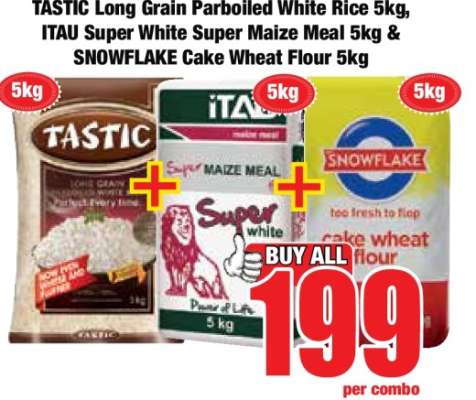 TASTIC Long Grain Parboiled White Rice 5kg, ITAU Super White Super Maize Meal 5kg & SNOWFLAKE Cake Wheat Flour 5kg