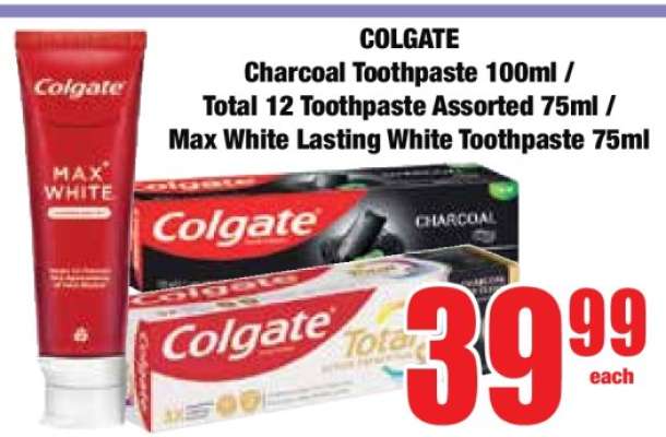 COLGATE Charcoal Toothpaste 100ml / Total 12 Toothpaste Assorted 75ml / Max White Lasting White Toothpaste 75ml