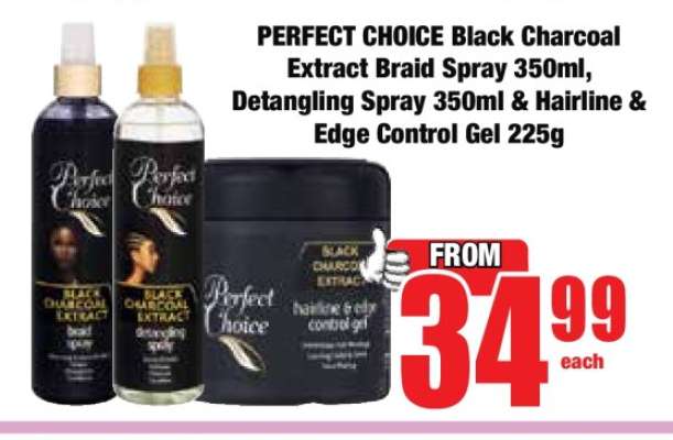 PERFECT CHOICE Black Charcoal Extract Braid Spray 350ml, Detangling Spray 350ml & Hairline & Edge Control Gel 225g