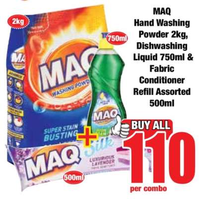 MAQ Hand Washing Powder 2kg, Dishwashing Liquid 750ml & Fabric Conditioner Refill Assorted 500ml