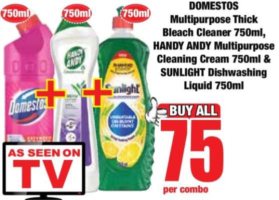 DOMESTOS Multipurpose Thick Bleach Cleaner 750ml, HANDY ANDY Multipurpose Cleaning Cream 750ml & SUNLIGHT Dishwashing Liquid 750ml