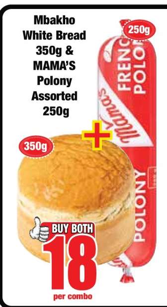 Mbakho White Bread 350g & MAMA’S Polony Assorted 250g