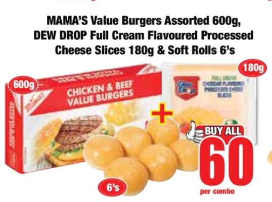 MAMA’S Value Burgers Assorted 600g, DEW DROP Full Cream Flavoured Processed Cheese Slices 180g & Soft Rolls 6’s