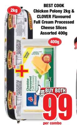 BEST COOK Chicken Polony 2kg & CLOVER Flavoured Full Cream Processed Cheese Slices Assorted 400g
