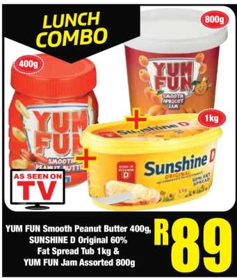 YUM FUN Smooth Peanut Butter 400g, SUNSHINE D Original 60% Fat Spread Tub 1kg & YUM FUN Jam Assorted 800g