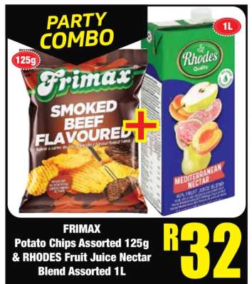 FRIMAX Potato Chips Assorted 125g & RHODES Fruit Juice Nectar Blend Assorted 1L