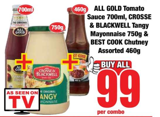 ALL GOLD Tomato Sauce 700ml, CROSSE & BLACKWELL Tangy Mayonnaise 750g & BEST COOK Chutney Assorted 460g