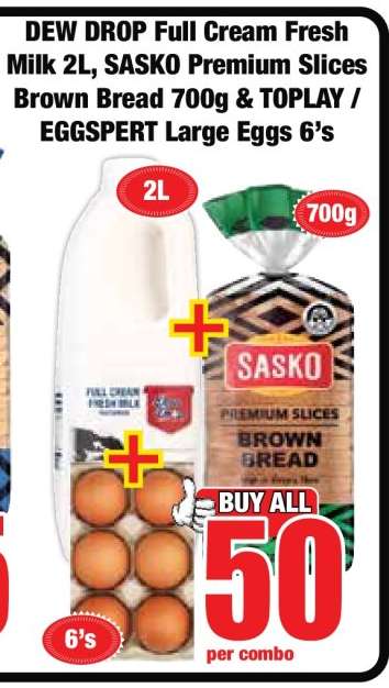 DEW DROP Full Cream Fresh Milk 2L, SASKO Premium Slices Brown Bread 700g & TOPLAY / EGGSpert Large Eggs 6's