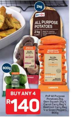 PnP All Purpose Potatoes 2kg, Gem Squash 2kg V, Carrot Carry Bag V, Beetroot Carry Bag V or Green Peppers 800g