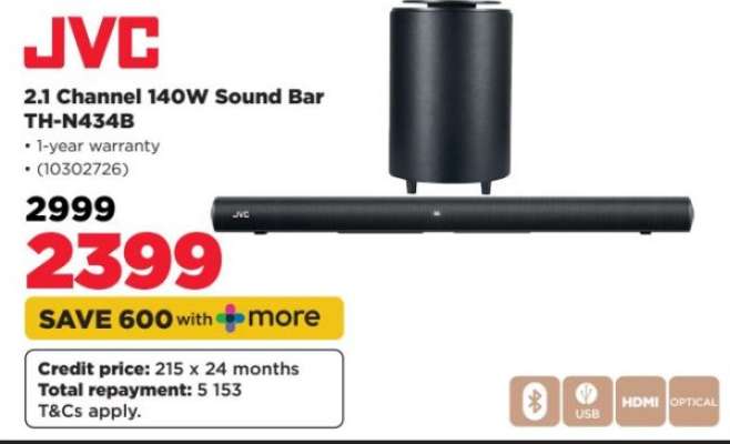JVC 2.1 Channel 140W Sound Bar TH-N434B