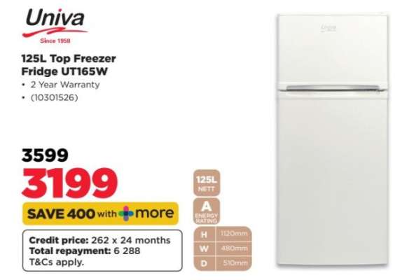 Univa 125L Top Freezer Fridge UTI65W