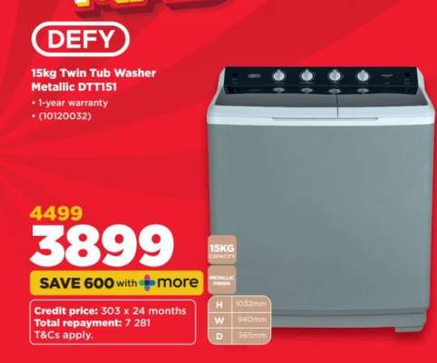 Defy 15Kg Twin Tub Washer Metallic DTT151