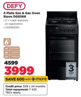 DEFY 4 Plate Gas & Gas Oven Stove DGS568
