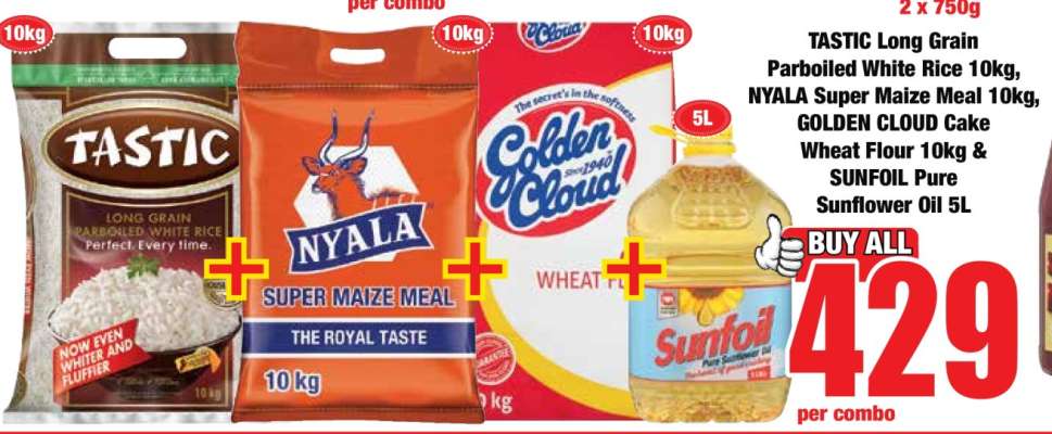 TASTIC Long Grain Parboiled White Rice 10kg, NYALA Super Maize Meal 10kg, GOLDEN CLOUD Cake Wheat Flour 10kg & SUNFOIL Pure Sunflower Oil 5L