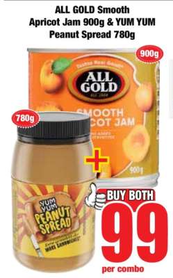 ALL GOLD Smooth Apricot Jam 900g & YUM YUM Peanut Spread 780g