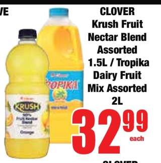 CLOVER Krush Fruit Nectar Blend Assorted 1.5L / Tropika Dairy Fruit Mix Assorted 2L