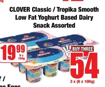 CLOVER Classic / Tropika Smooth Low Fat Yoghurt Based Dairy Snack Assorted