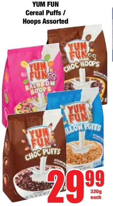 YUM FUN Cereal Puffs / Hoops Assorted