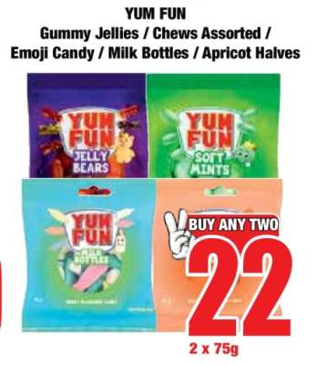 YUM FUN Gummy Jellies / Chews Assorted / Emoji Candy / Milk Bottles / Apricot Halves