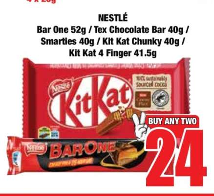 NESTLÈ Bar One 52g / Tex Chocolate Bar 40g / Smarties 40g / Kit Kat Chunky 40g / Kit Kat 4 Finger 41.5g
