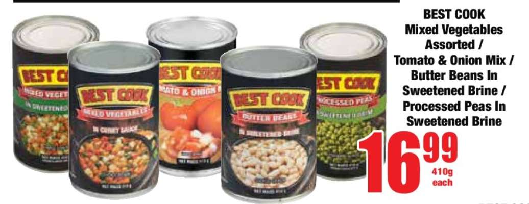 BEST COOK Mixed Vegetables Assorted / Tomato & Onion Mix / Butter Beans In Sweetened Brine / Processed Peas in Sweetened Brine