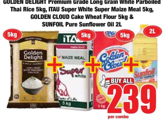 GOLDEN DELIGHT Premium Grade Long Grain White Parboiled Thai Rice 5kg, ITAU Super White Super Maize Meal 5kg, GOLDEN CLOUD Cake Wheat Flour 5kg & SUNFOIL Pure Sunflower Oil 2L