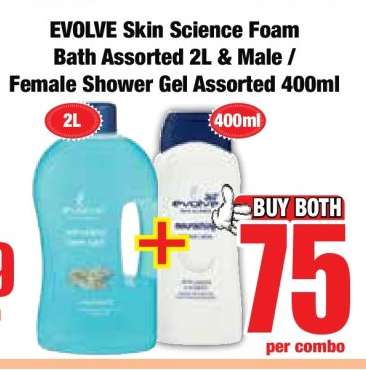 EVOLVE Skin Science Foam Bath Assorted 2L & Male / Female Shower Gel Assorted 400ml