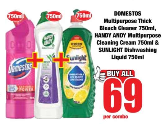 DOMESTOS Multipurpose Thick Bleach Cleaner 750ml, HANDY ANDY Multipurpose Cleaning Cream 750ml & SUNLIGHT Dishwashing Liquid 750ml
