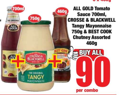 ALL GOLD Tomato Sauce 700ml, CROSSE & BLACKWELL Tangy Mayonnaise 750g & BEST COOK Chutney Assorted 460g