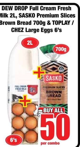DEW DROP Full Cream Fresh Milk 2L, SASKO Premium Slices Brown Bread 700g & TOPLAY / CHEZ Large Eggs 6's