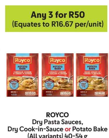 ROYCO Dry Pasta Sauces, Dry Cook-in-Sauce or Potato Bake