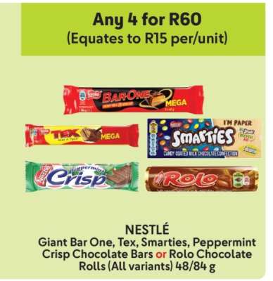 NESTLÉ Giant Bar One, Tex, Smarties, Peppermint Crisp Chocolate Bars or Rolo Chocolate Rolls